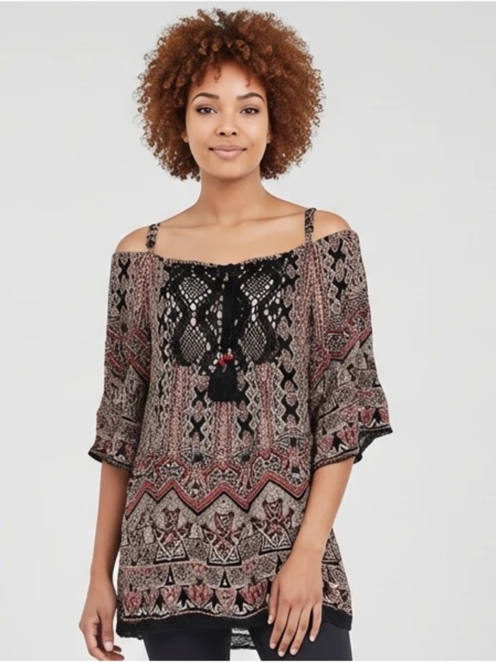 Angie Boho Off the‎ Shoulder Black Crochet Front Tassel Rayon Tunic Top Sz L
